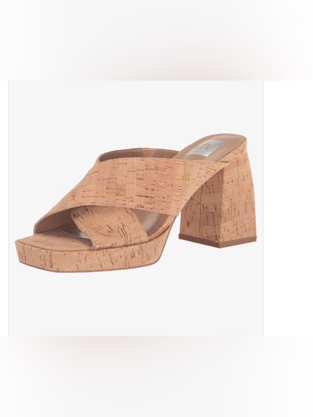 Dolce Vita Tan Cork Crossover Block Heel Slides. DV Dolce Vita womens Boscoe